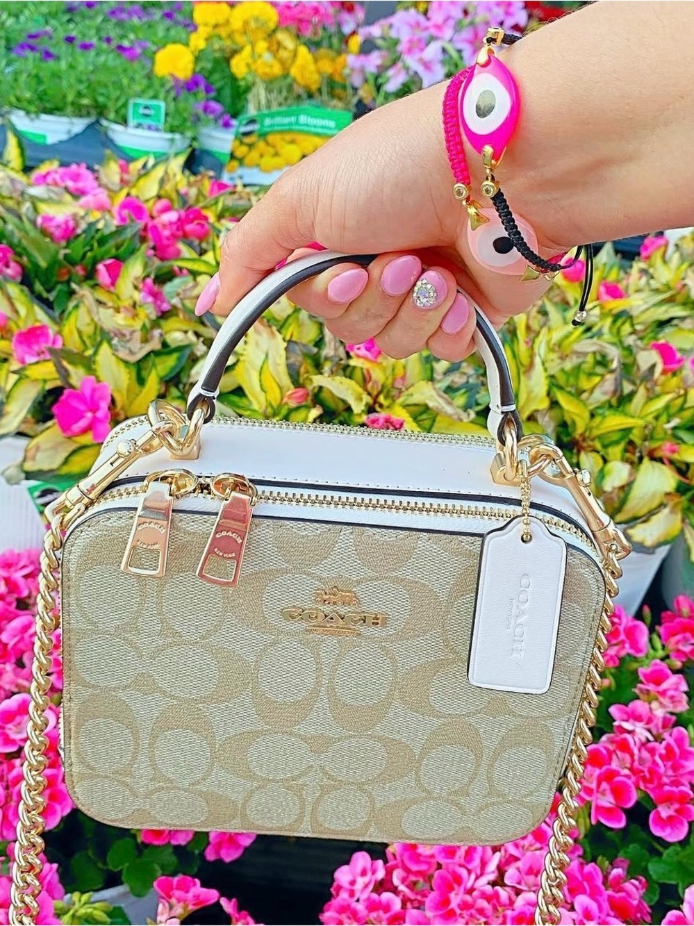 Coach Cream Signature small Box Crossbody with Pink Floral Scarf